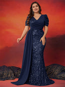 Plus Size Elegant Short Sleeve Sequins Formal Evening Dresses Women Luxury Mermaid Wedding Party Bridesmaid Gowns