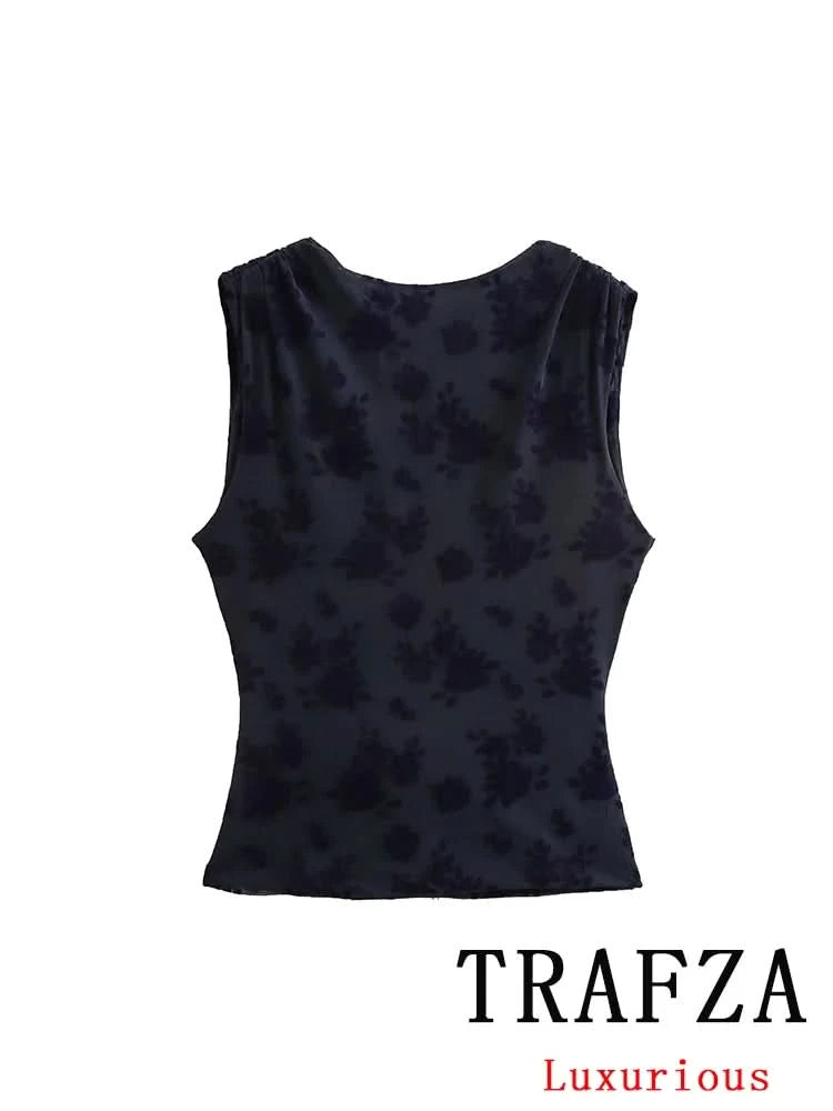 TRAFZA Vintage Casual Chic Women Flocking Suit O-Neck Backless Sleeveless Top Asymmetrical Long Skirt Fashion 2025 Spring Suit - M & M Global