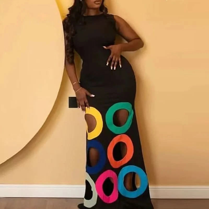 Summer Black Slim Hollow Sexy Party Vacation Long Dress Women's  Elegant Casual Sleeveless Sundress New High Waist Evening Dress - M & M Global