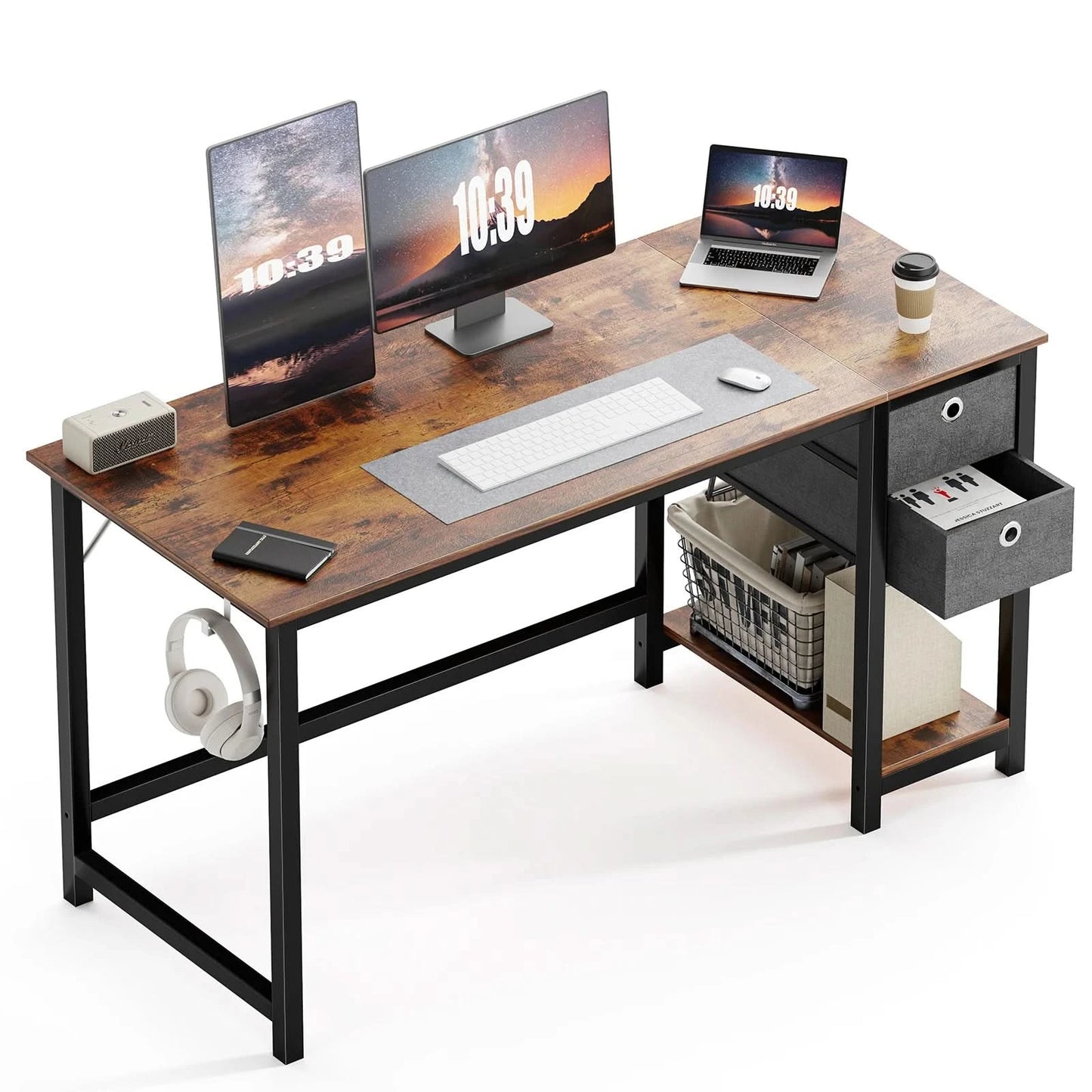 JHK Computer Desk With Drawers 55 Inch Home Office Desk Writing Desk Work Desk PC Table Study Desk With 2-Tier Drawers