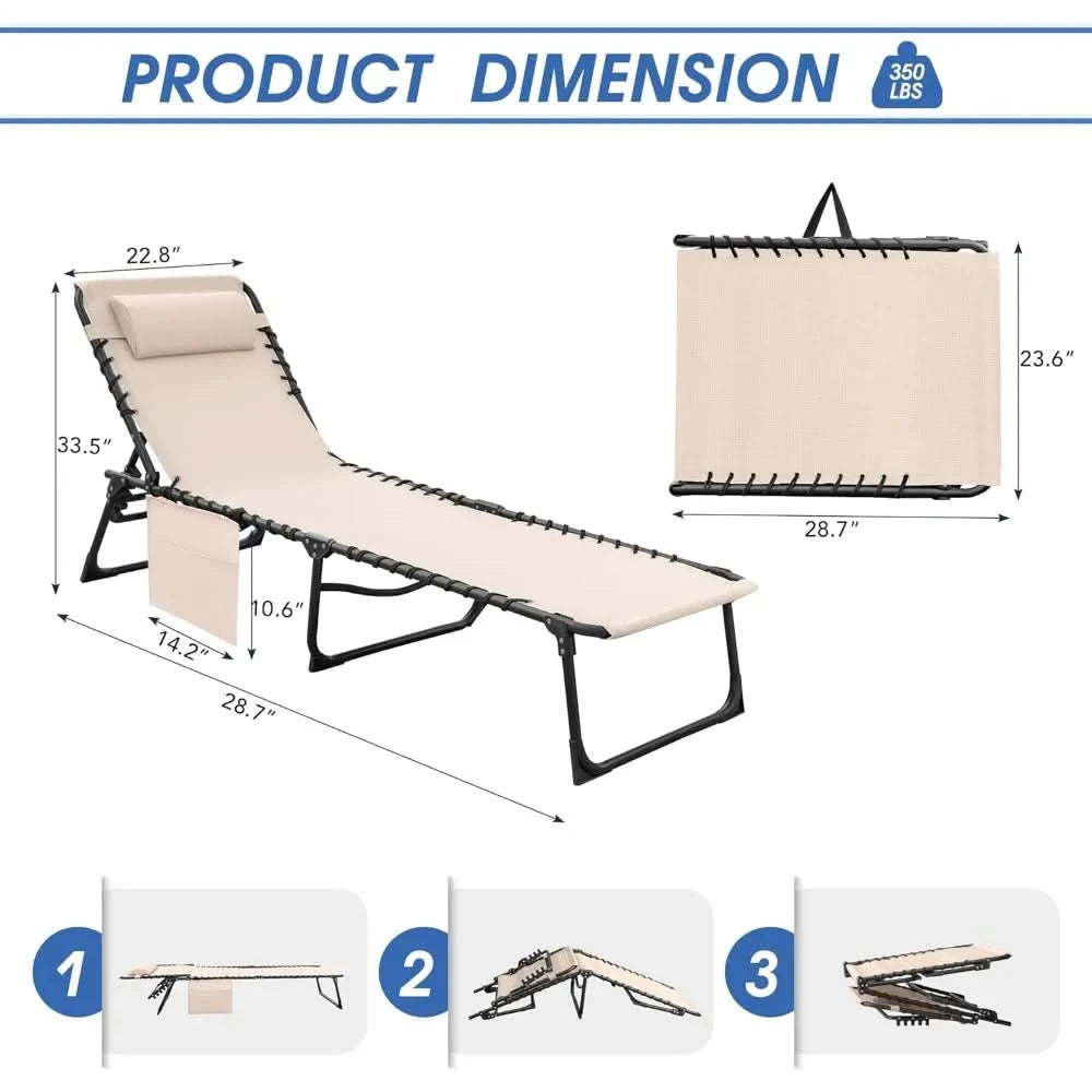 Foldable Chaise Lounge Chair 5-Position Adjustable, Tanning Chair with Side Pocket, Outdoor Sunbathing for Pool, Beach, Patio,