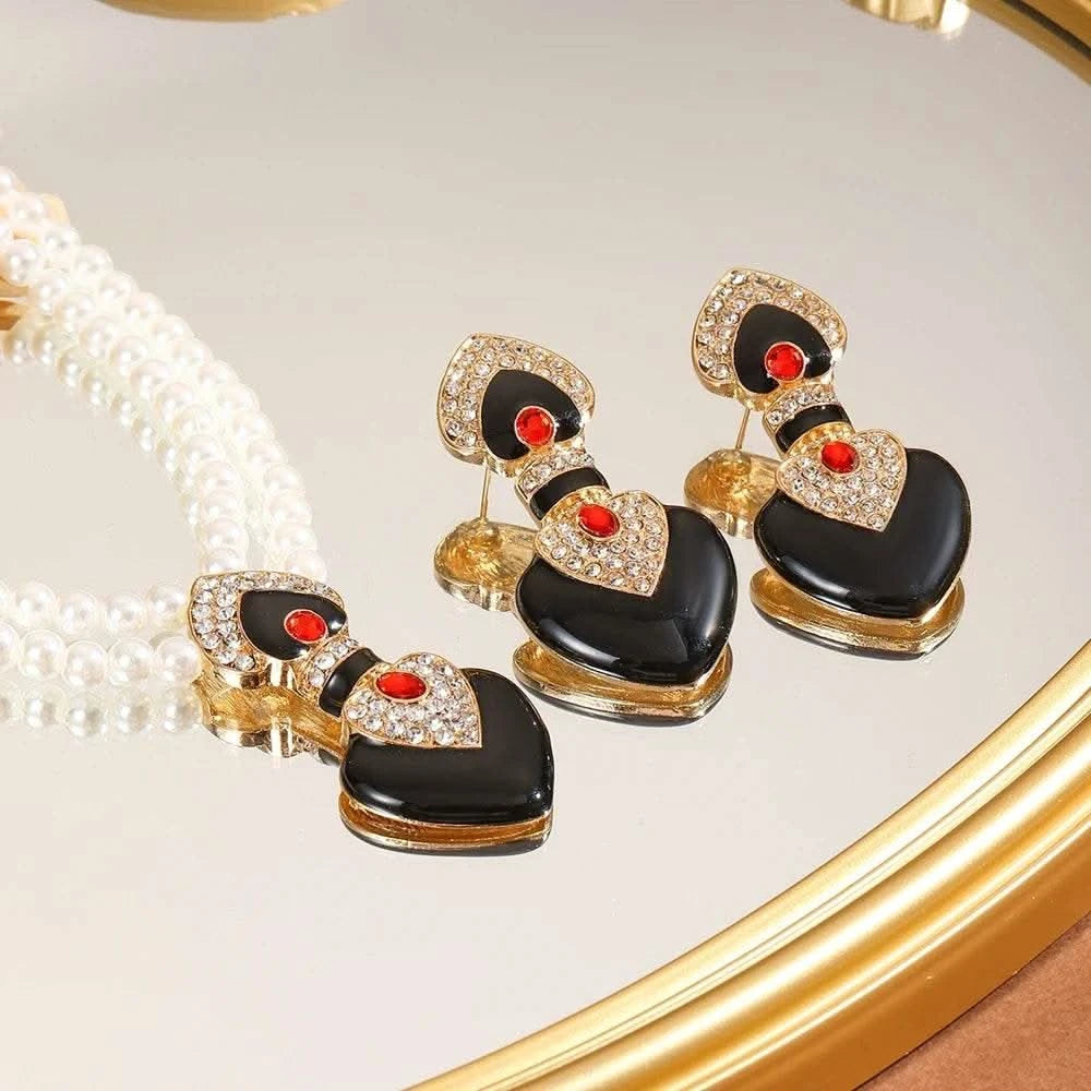 Bride Wedding Jewelry Set Elegant Enamel Rhinestone Love Imitation Pearl Beaded Necklace and Earrings Women's Party Accessories - M & M Global