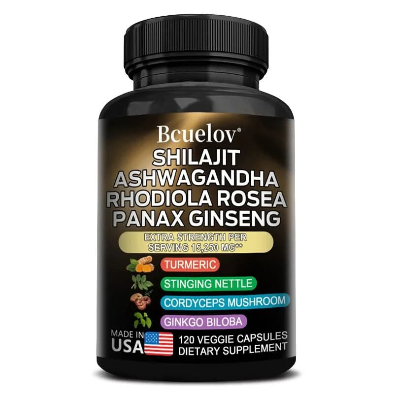 Shilajit Resin Himalaya Capsules - 15250 mg - Combination of Ashwagandha, Ginseng, Cordyceps, Ginkgo, Turmeric - M & M Global