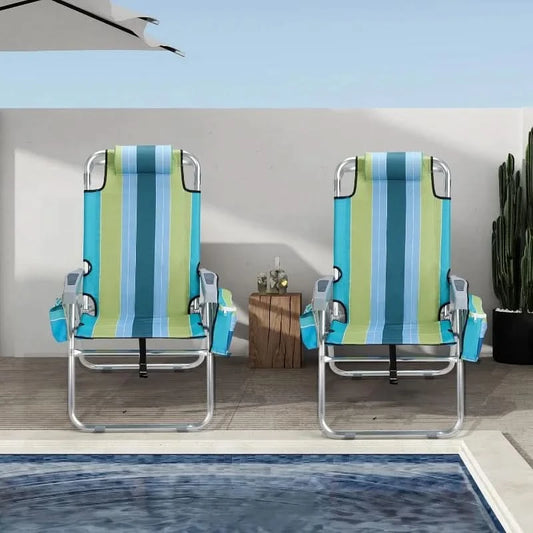 VINGLI Tall Beach Chair 2 Pack, with 5-Position, Cooler Bag, Cup Holders, Towel Bar, Lightweight Folding Beach Camping Chairs
