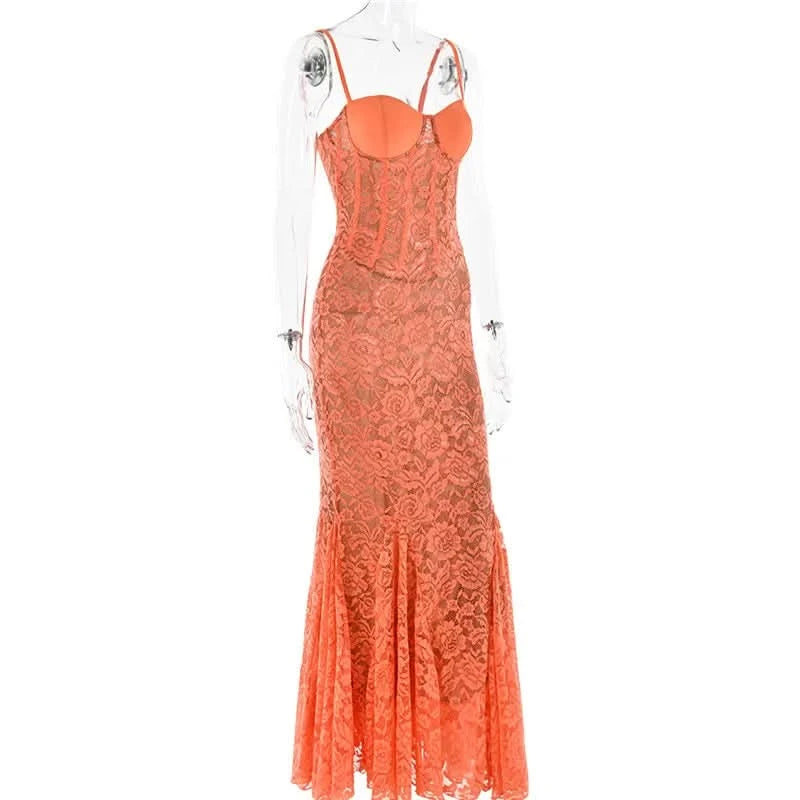 Mozision Floral Lace Sexy Maxi Dress For Women Orange Spaghetti Strap Sleeveless Backless Bodycon Club Party Long Dress Elegant - M & M Global