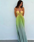 Women Chic Gradient Print Halter Neck Pleated Beach Long Dress Fashionable Long Dress Sexy Hollow Out Vacation Maxi Dress Outfit - M & M Global