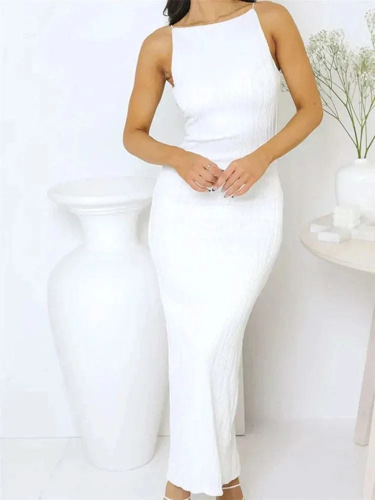 2024 Sexy Women Long Dress Ruched Sleeveless Slim Solid Summer Party Back Split Dress Clubwear Female Vestido Outfits - M & M Global