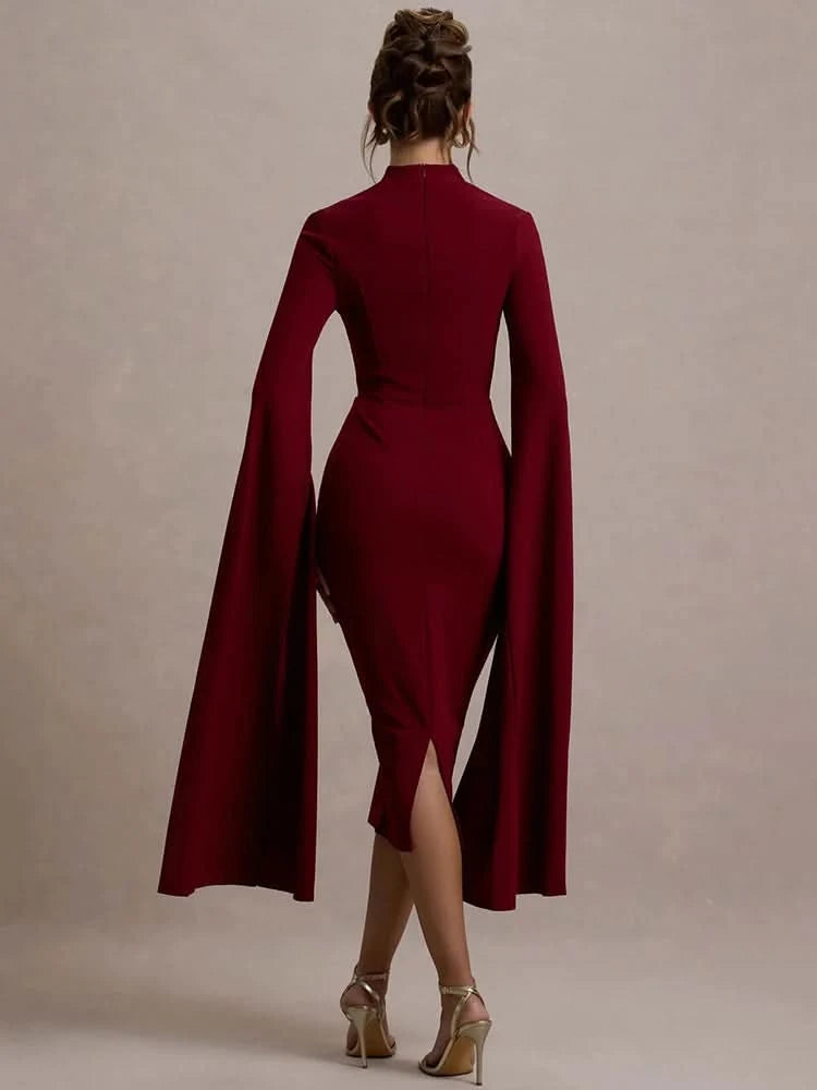 Mozision Cape Long Sleeve Sexy Midi Dress For Women Autumn Winter New Square Collar Back Slit Bodycon Club Party Long Dress - M & M Global