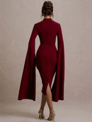 Mozision Cape Long Sleeve Sexy Midi Dress For Women Autumn Winter New Square Collar Back Slit Bodycon Club Party Long Dress - M & M Global