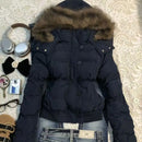 American New Winter Unisex Oversized Fur Trim Hooded Padded Coat Navy Blue Preppy Emblem Warm Casual Fashion Jacket