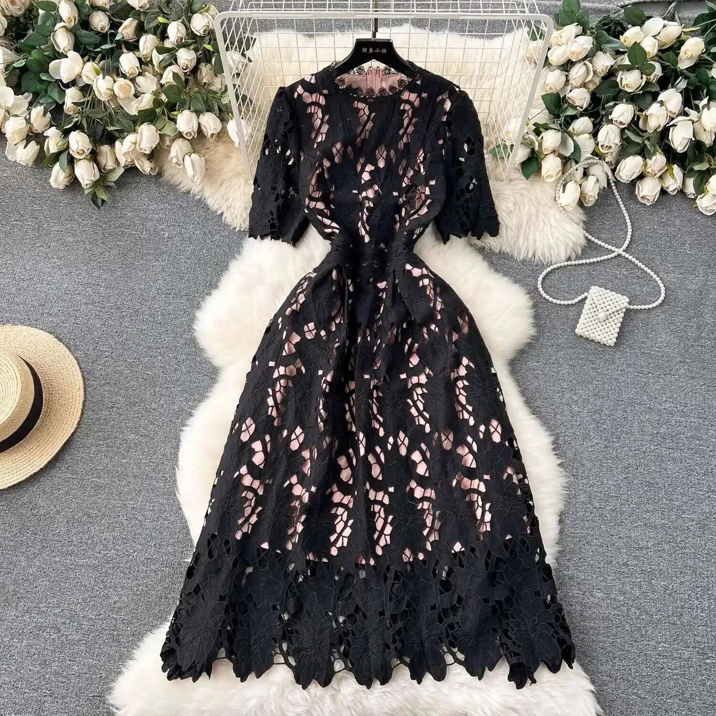 Elegant Flower Embroidery Lace Hollow Out Midi Dresses Women's 2025 Summer O Neck Short Sleeve Casual Long Dress Party Vestidos - M & M Global
