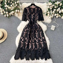 Elegant Flower Embroidery Lace Hollow Out Midi Dresses Women's 2025 Summer O Neck Short Sleeve Casual Long Dress Party Vestidos - M & M Global