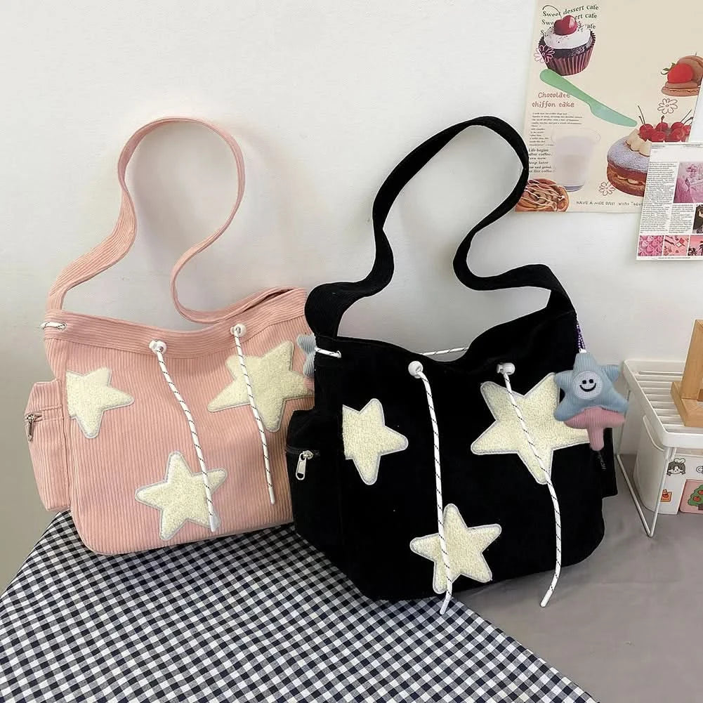 Women Star Pattern Corduroy Crossbody Bag Casual Tote Lady Fashion Large Capacity Shoulder Bag Girl Travel Messenger Bag Handbag - M & M Global