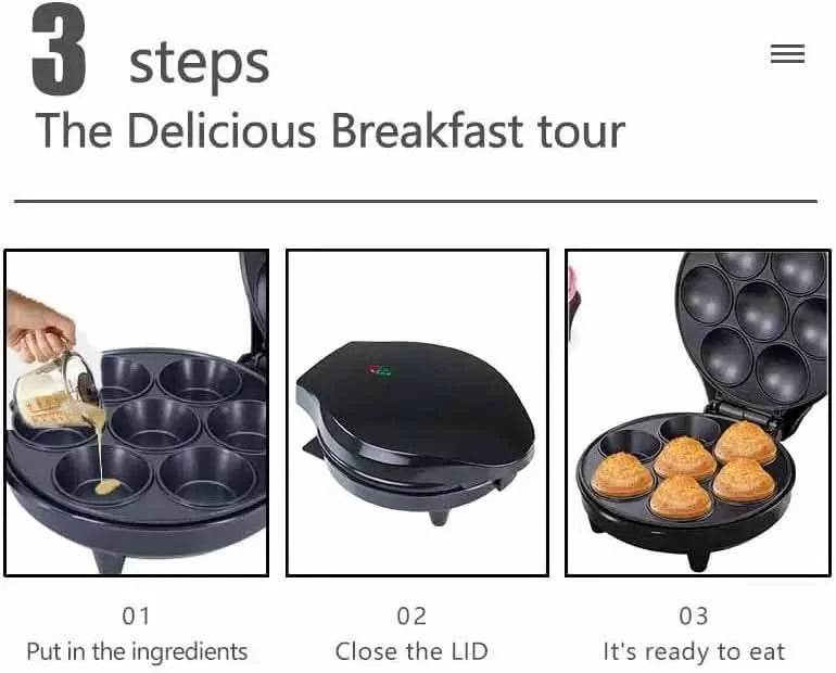 Mini Cupcake Maker, Makes 7 Mini Cakes, Non-Stick Surface, Easy-To-Clean, Perfect for Dessert, Breakfast, or Snacks, 1200W, Blac - M & M Global