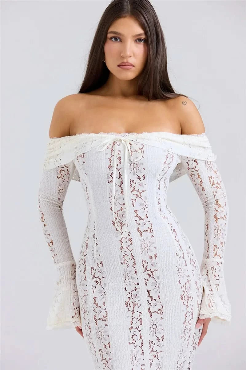 Mozision Floral Lace Off-shoulder Maxi Dress For Women White Strapless Backless Long Sleeve Bodycon Club Party Sexy Long Dress - M & M Global