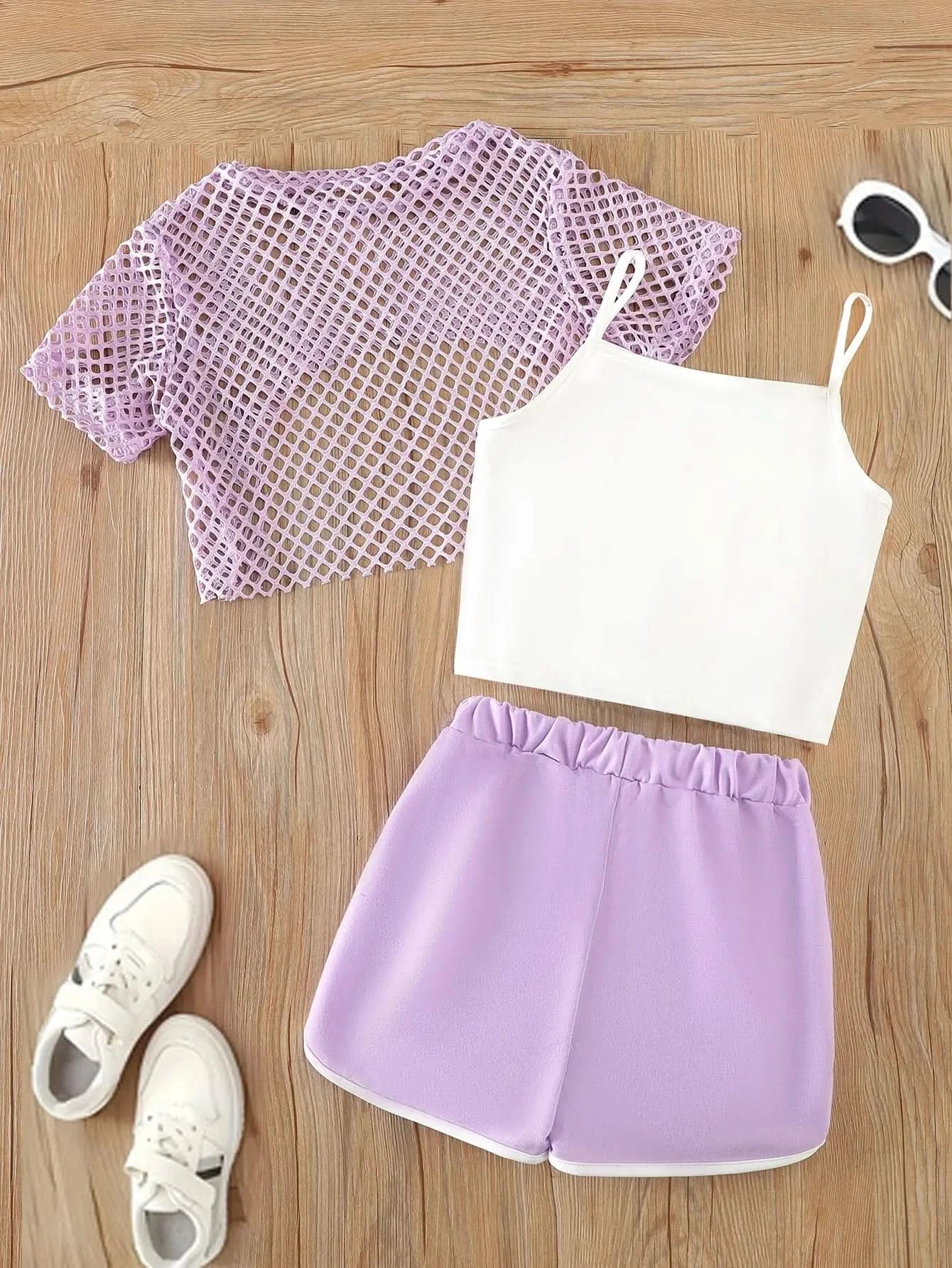 Girls Three-Piece Clothing New Breathable Summer Thin Fashion Short-Sleeved Mesh Top + Letter Printed Short Vest Suspender + Letter Printed Sports Shorts - M & M Global