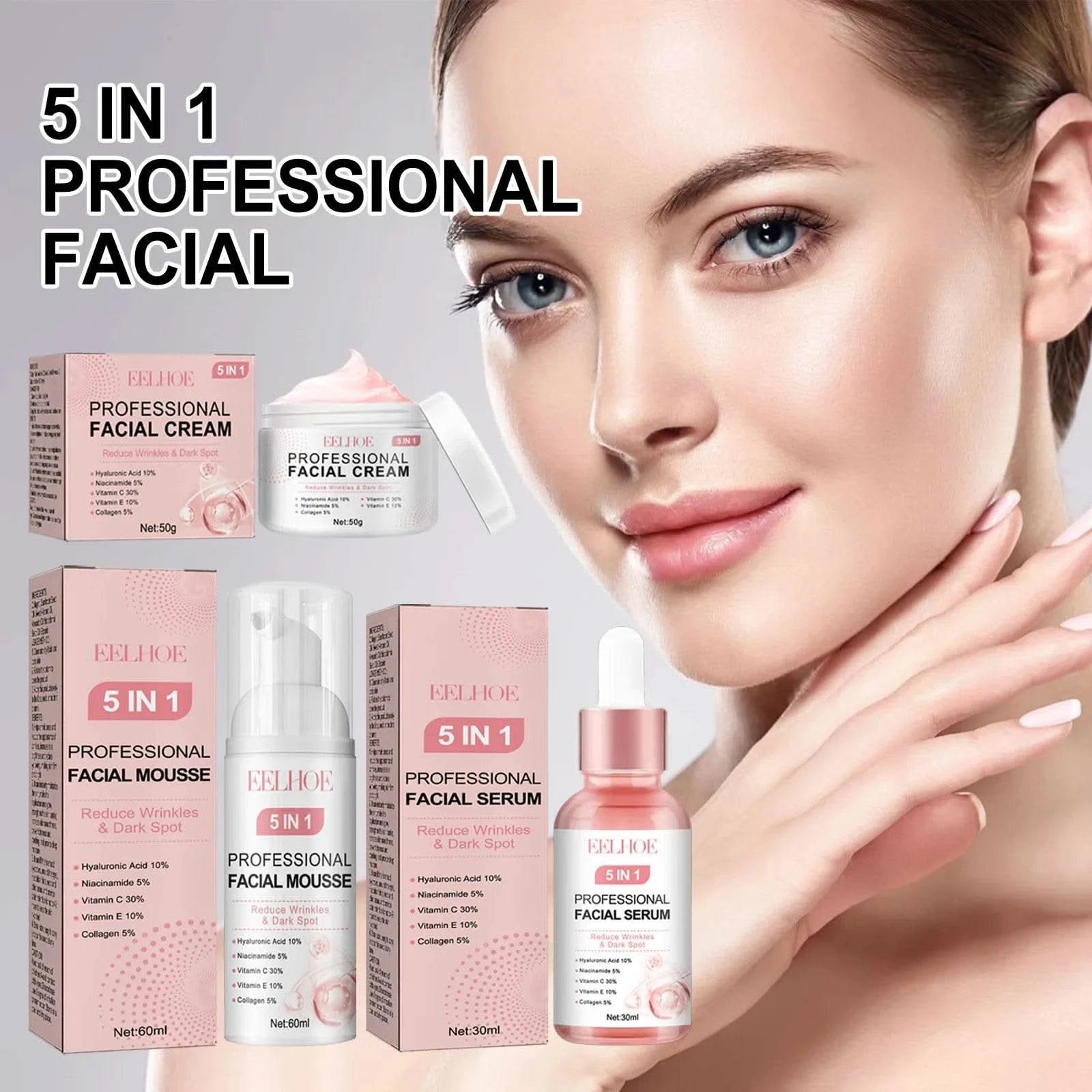 EELHOE 5 in 1 Face Serum for Glowing Skin Firming Micro Face Cream Anti Wrinkle Shrink Pores Cleansing Mousse Facial Skin Care - M & M Global