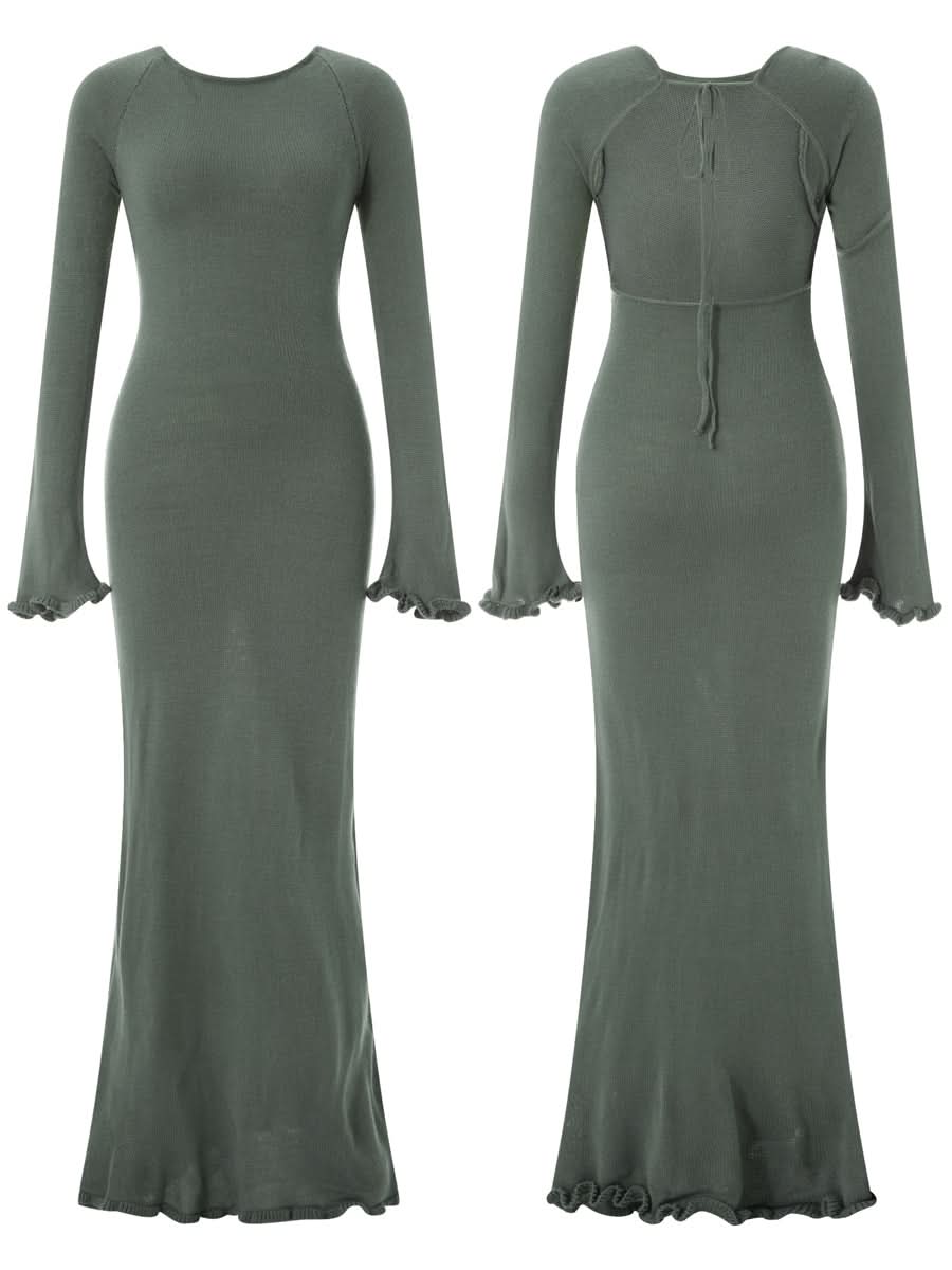 Women Ribbed Knit Ruffle Trim Long Dress Long Sleeve Bodycon  Party Cocktail Dress Flare Summer Beach Cover Up - M & M Global
