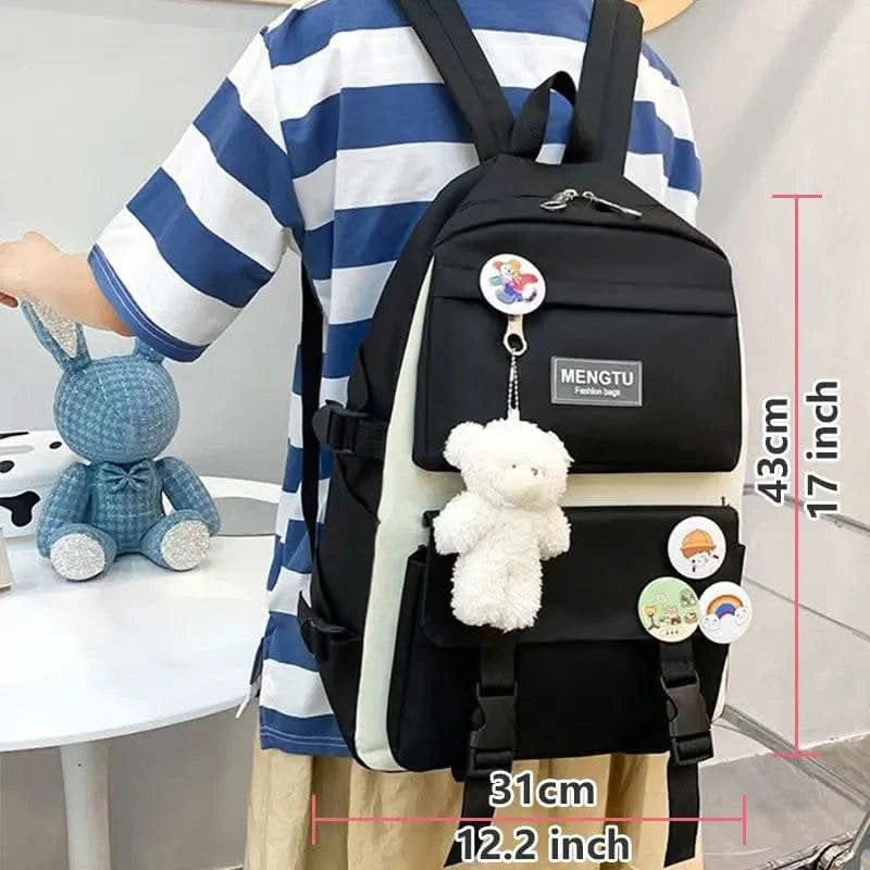 5PCS Kit Backpack Female Fashion Lady High Capacity Waterproof College Trendy Girls Laptop School Bags Cute Girl Travel Book Bag - M & M Global