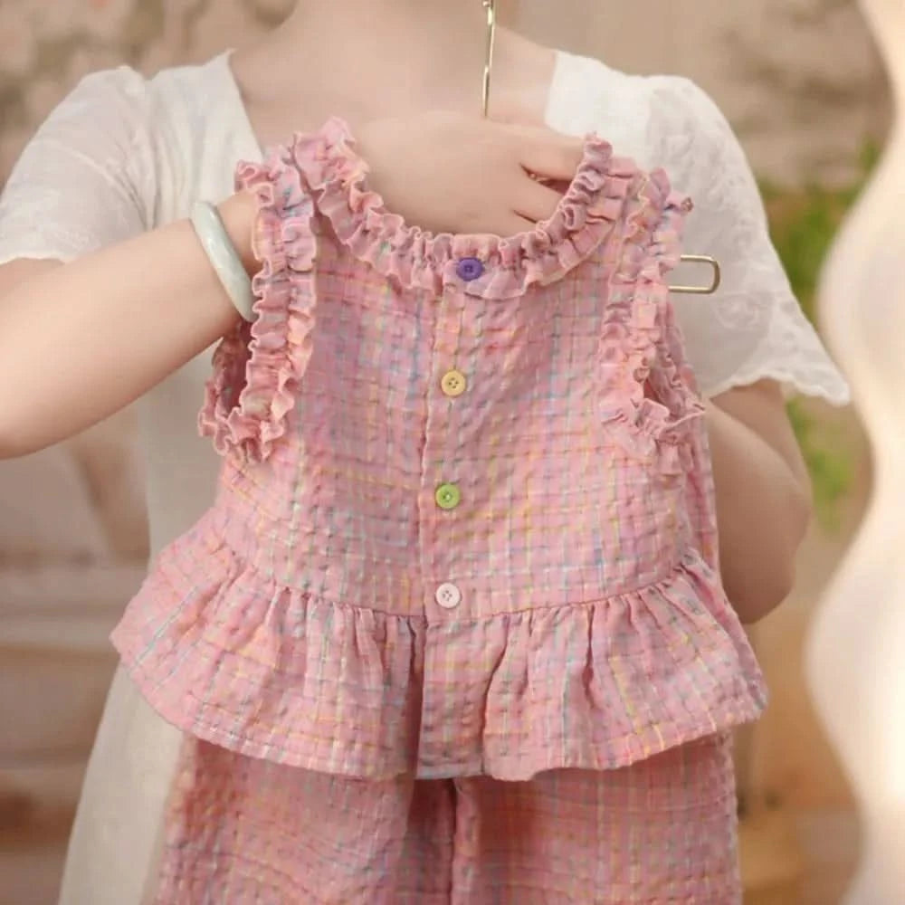 Bear Leader Children's Clothing Girls' Pink Clothing Summer Lace Contrasting Plaid Tank Top+Wide Leg Pants Two-piece Sets - M & M Global
