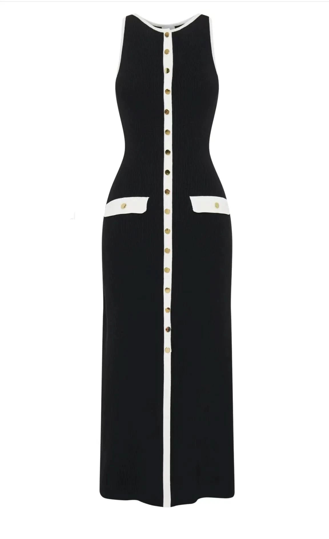 Elegant Women Knitted Long Dress Summer Sleeveless Single Breasted Bodycon Dresses High Street Fashion Office Ladies Black Robes - M & M Global