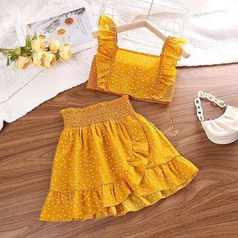 Girls' Clothing Set 5-12T Tri-Color Optional Flying Sleeve Square Collar Vest Top + Lace Skirts  Children Girls Baby Clothes Set - M & M Global
