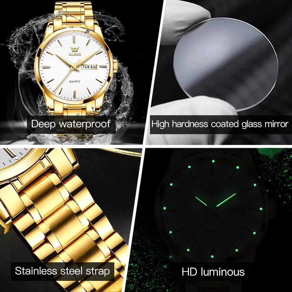 OLEVS Men Watches Waterproof Stainless Steel Quartz Male Wristwatch Gold Watch Fashion Luminous Luxury Calendar Business Clock - M & M Global