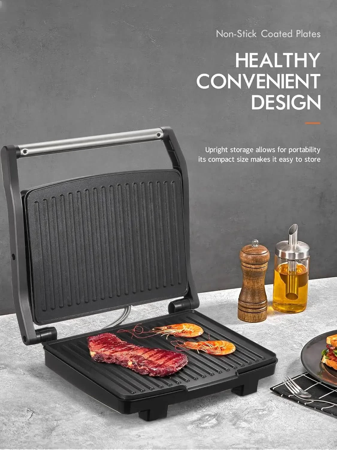 Panini Press Grill, Gourmet Sandwich Maker, Electric Indoor Grill with Non-Stick Cooking Plate and Removable Drip Tray, Easy to - M & M Global