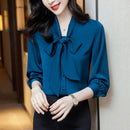 Elegant Pure Color Long Sleeve Women's Shirt with Bow Tie Single Button Open Cardigan Spring Autumn Fashionable Ageless