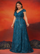 Plus Size Elegant Sequins V-back Cap sleeve Evening Dresses Women Luxury Long A-line Formal Prom Wedding Party Cocktail Gowns