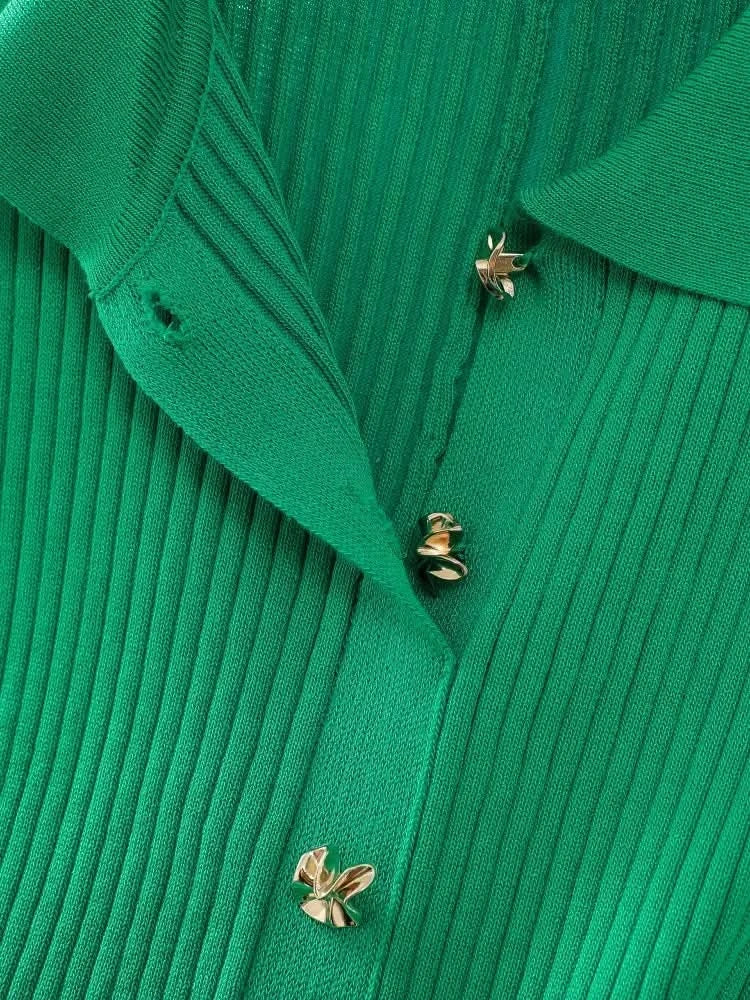 Summer 2024 New Women's Black Beige Single Breasted Knitted Long Dress Green Elegant Office Lady Short Sleeve Pleated Dress Chic - M & M Global