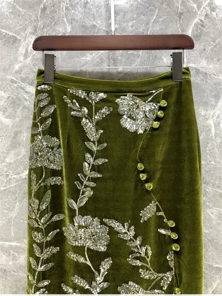 Retro Green Velvet Split Skirt Women Sequin Floral Heavy Industry High Waist A Line Long Dress Elegant Mid Length Skirt Fashion - M & M Global