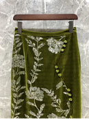 Retro Green Velvet Split Skirt Women Sequin Floral Heavy Industry High Waist A Line Long Dress Elegant Mid Length Skirt Fashion - M & M Global