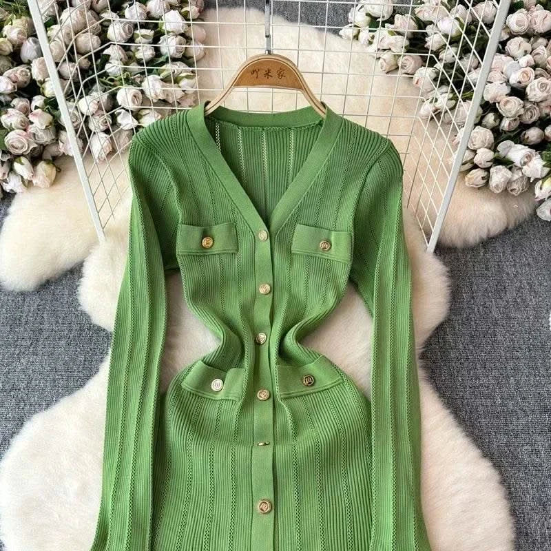 2024 Green Fashion Autumn Winter Knitted Long Dress French Style Letter Buttons Elegant Sweater Dress Lady Office Bodycon - M & M Global