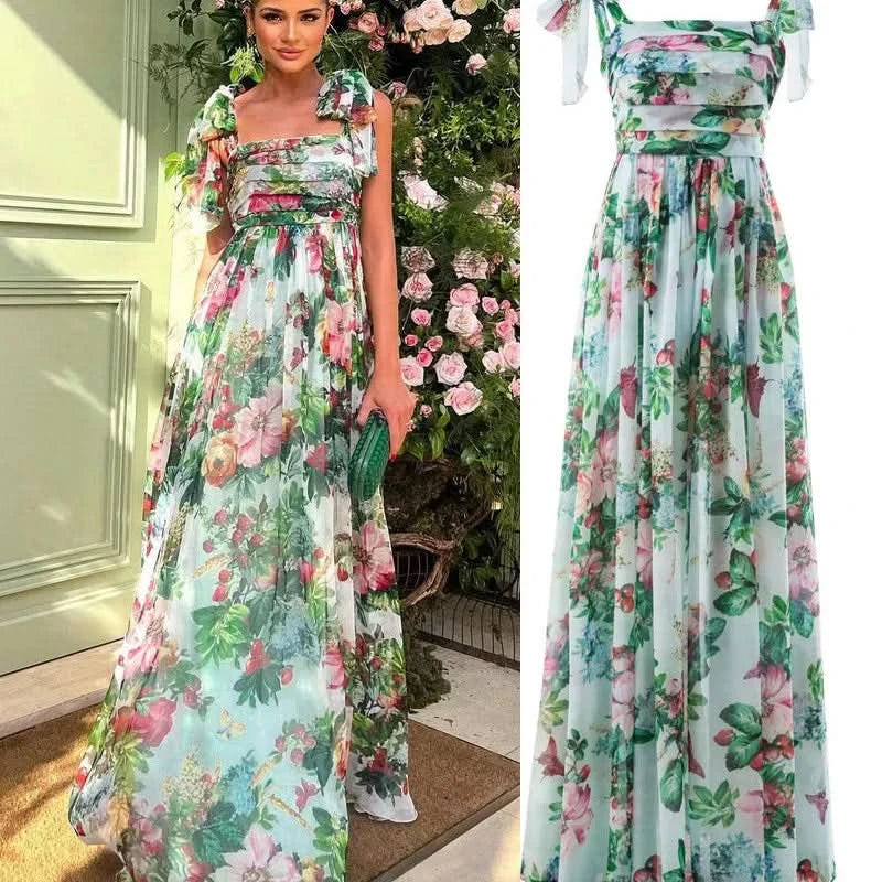 Sexy Summer Party Dress Women Fashion Bow Straps High Waist Pleated Beach Dress Chiffon Casual Floral Print Bohemian Long Dress - M & M Global