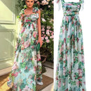 Sexy Summer Party Dress Women Fashion Bow Straps High Waist Pleated Beach Dress Chiffon Casual Floral Print Bohemian Long Dress - M & M Global
