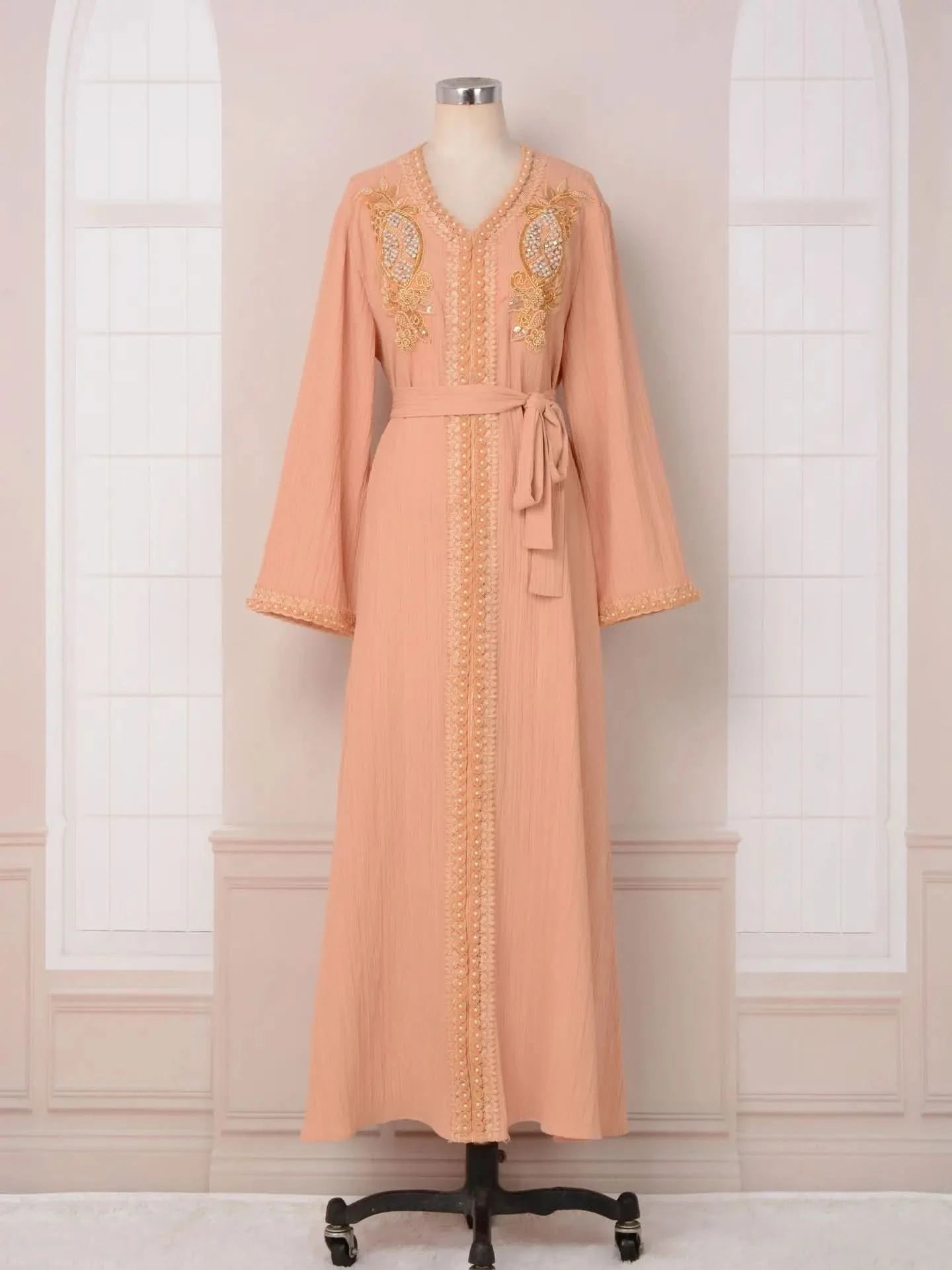 Ramadan Luxury Muslim Fashion Bat Sleeve Moroccan Turkiye Dubai Dress Middle East Arab Dress Sequins Golden Velvet Long Dress - M & M Global