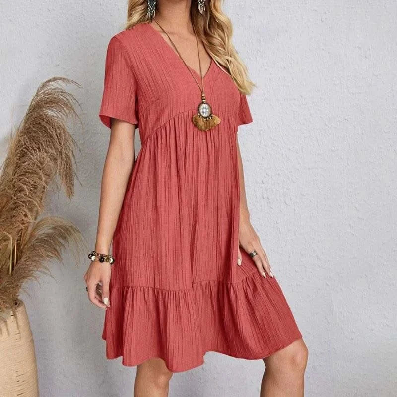 2025 Loose V-neck Short Sleeved Pleated Women Dress Solid Color A-line Beach Dresses Elegant Simple Comfortable Woman Clothing - M & M Global
