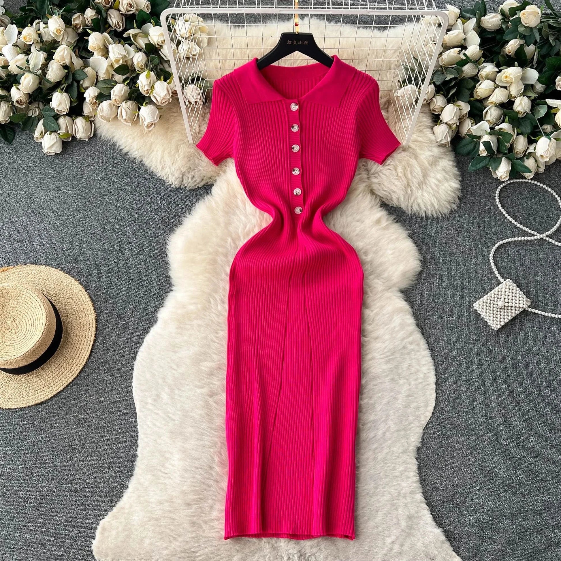 Summer Elastic Women Solid Knit Dress Summer Rose Red Retro Loose Sundress Sets 2024 bodycon Streetwear Sheer Beach Long Dress - M & M Global