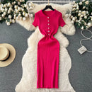 Summer Elastic Women Solid Knit Dress Summer Rose Red Retro Loose Sundress Sets 2024 bodycon Streetwear Sheer Beach Long Dress - M & M Global
