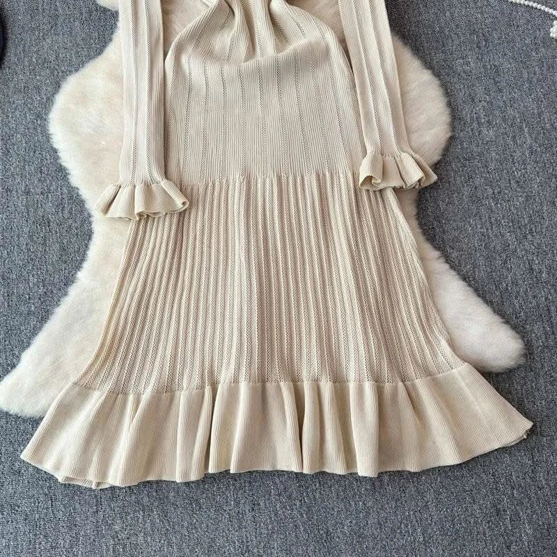 2024 Green Fashion Autumn Winter Knitted Long Dress French Style Letter Buttons Elegant Sweater Dress Lady Office Bodycon - M & M Global