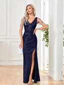 Elegant V-neck Sequins Slit Floor Length Formal Evening Dresses Luxury sleeveless Bridesmaid Wedding Party Beading Cocktail Gown