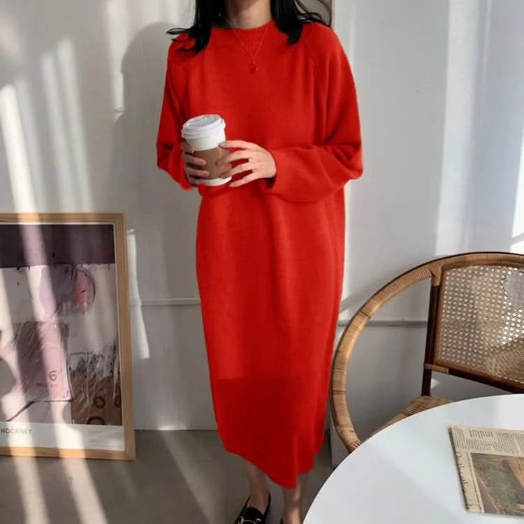 REALEFT Autumn Winter 2023 New O-Neck Casual Loose Knitted Dress Female Straight Long Sleeve Oversize Sweater Womens Long Dress - M & M Global