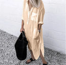 Spring Summer Women's Solid Color Loose Split Shirt Midi Dress Elegant Casual Button Pocket V-Neck Long Sleeve Long Dress 2024 - M & M Global