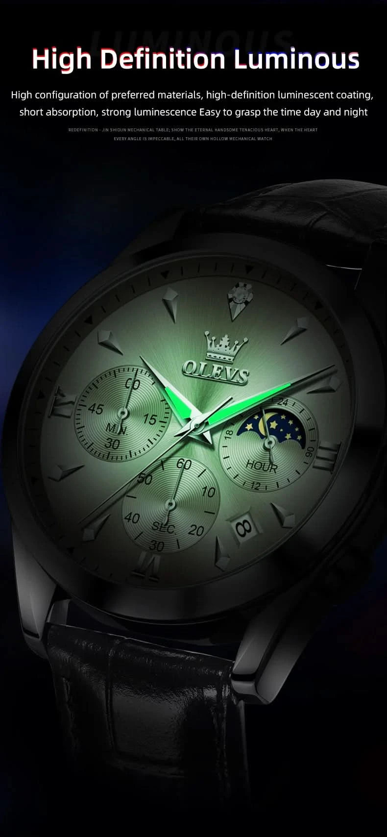 OLEVS Original Watch Leather Strap Moon Phase Luminous Quartz Watches for Man Waterproof Calendar Business Trend Wristwatch - M & M Global