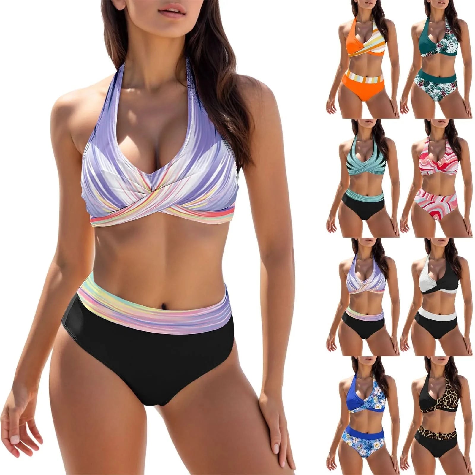 Sexy Printrd Bikini 2024 Swimsuit For Women Push Up Halter Neck Bikini Set High Waist Brazilian Bathing Suit Female Beach Wear - M & M Global