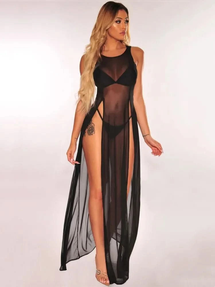Women Bikini Cover Ups Mesh Sheer See Through Sexy Beach Dress Sleeveless High Slit Long Dress Swimsuit Sarong - M & M Global