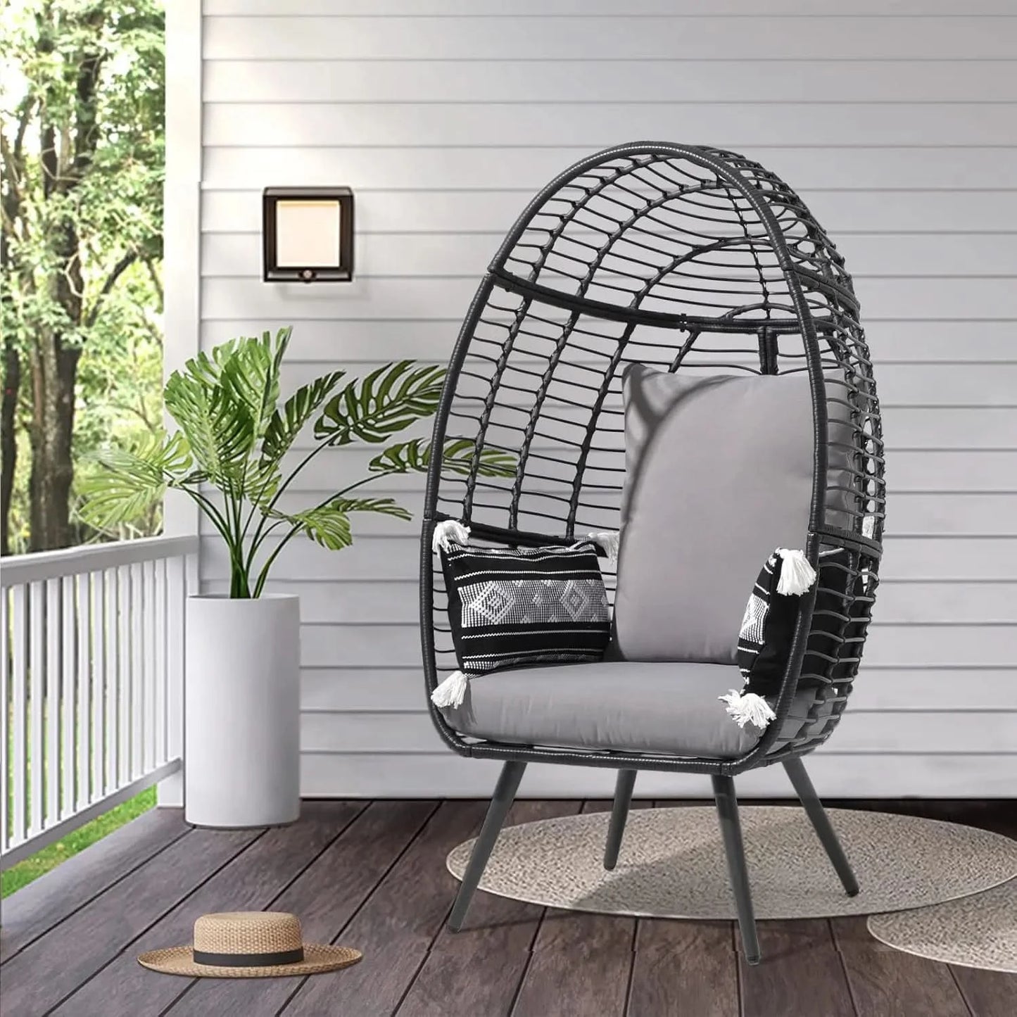 Wicker Egg Chair, Oversized Indoor Outdoor Lounger Large Egg Basket Chair with Stand and Cushions for Patio Porch, Backyar