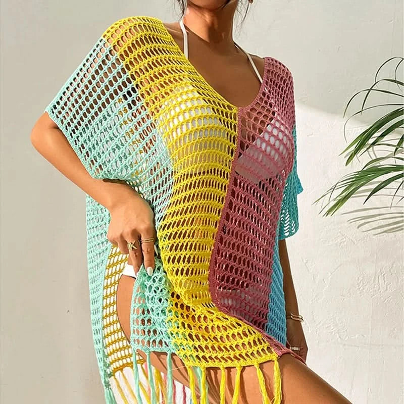 Knitted Contrast Tassel Bikini Summer Beach Cover Up Sexy Hollow Out Women V Neck Loose Beachwear Sunscreen Smock - M & M Global