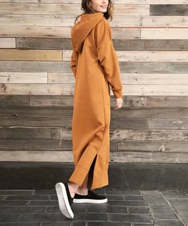 Autumn and Winter New Loose Size Knitted Hooded Long Dress Plush Casual Fashion Dress Large Pocket Skirt Women's Wear - M & M Global
